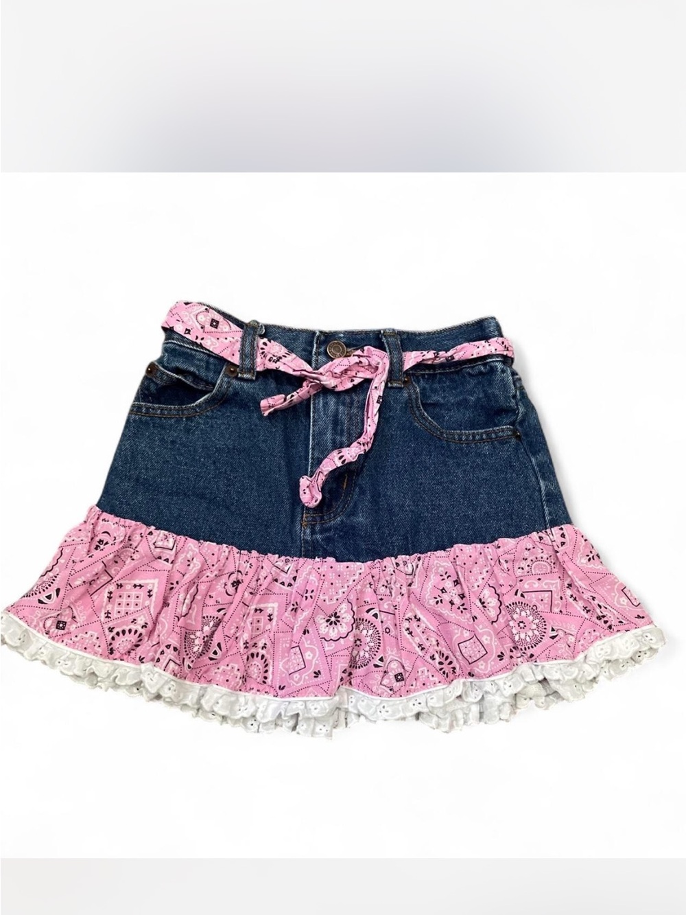 Girls Denim Skirt with Pink Bandana Ruffle